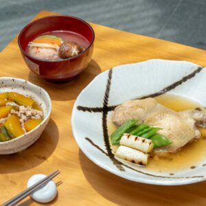 Crab Meatball Clear Soup (Kani Iri Shinjo no Suimono), Pumpkin topped with Minced Chicken, Soft Simmered Chicken (Tori Yawaraka-ni)